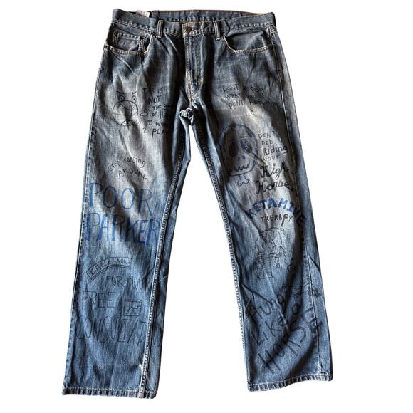 Poor Parker Doodle Ketajean Upcycled Levi’s 559 38x32 Dnm Blue Jean Straight Leg - Picture 1 of 10